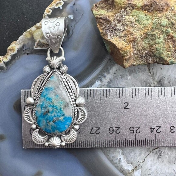 Sterling Silver Southwestern Style Teardrop Iranian Turquoise Decorated Pendant - Picture 9 of 10